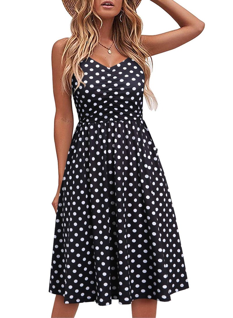 YATHON Casual Dresses for Women Sleeveless Cotton Summer Beach Dress A Line Spaghetti Strap Sundresses with Pockets (XL, YT090-Black Dot) - Image 1